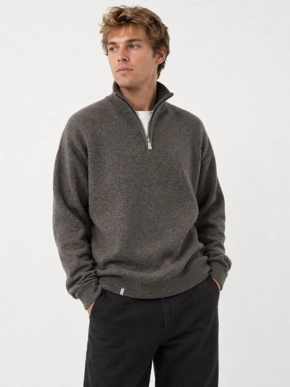 QOR 100% Cashmere 1/4 Zip Gray Thermal Sweater Large
